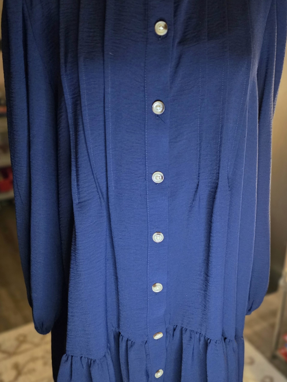 Chic Navy Blue Button Front Tiered Smock Mini Dress - Picture 3 of 4